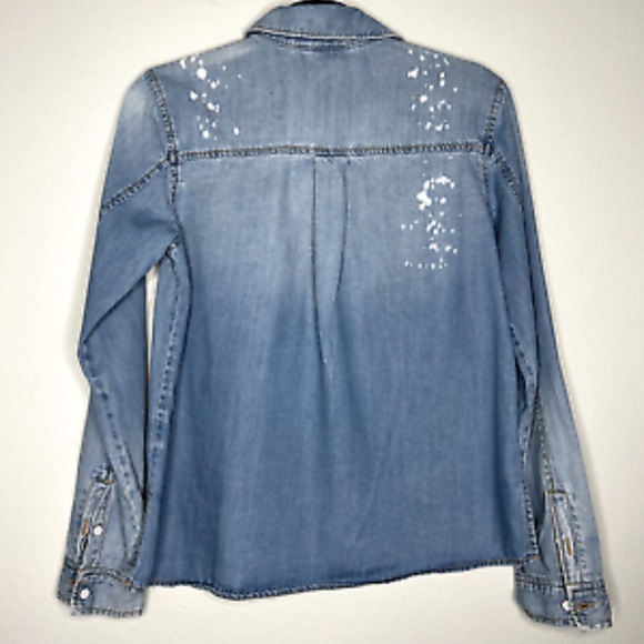 BP Light Blue Denim Bleached Distressed Button Up Collared Shirt Women's small - Picture 2 of 6